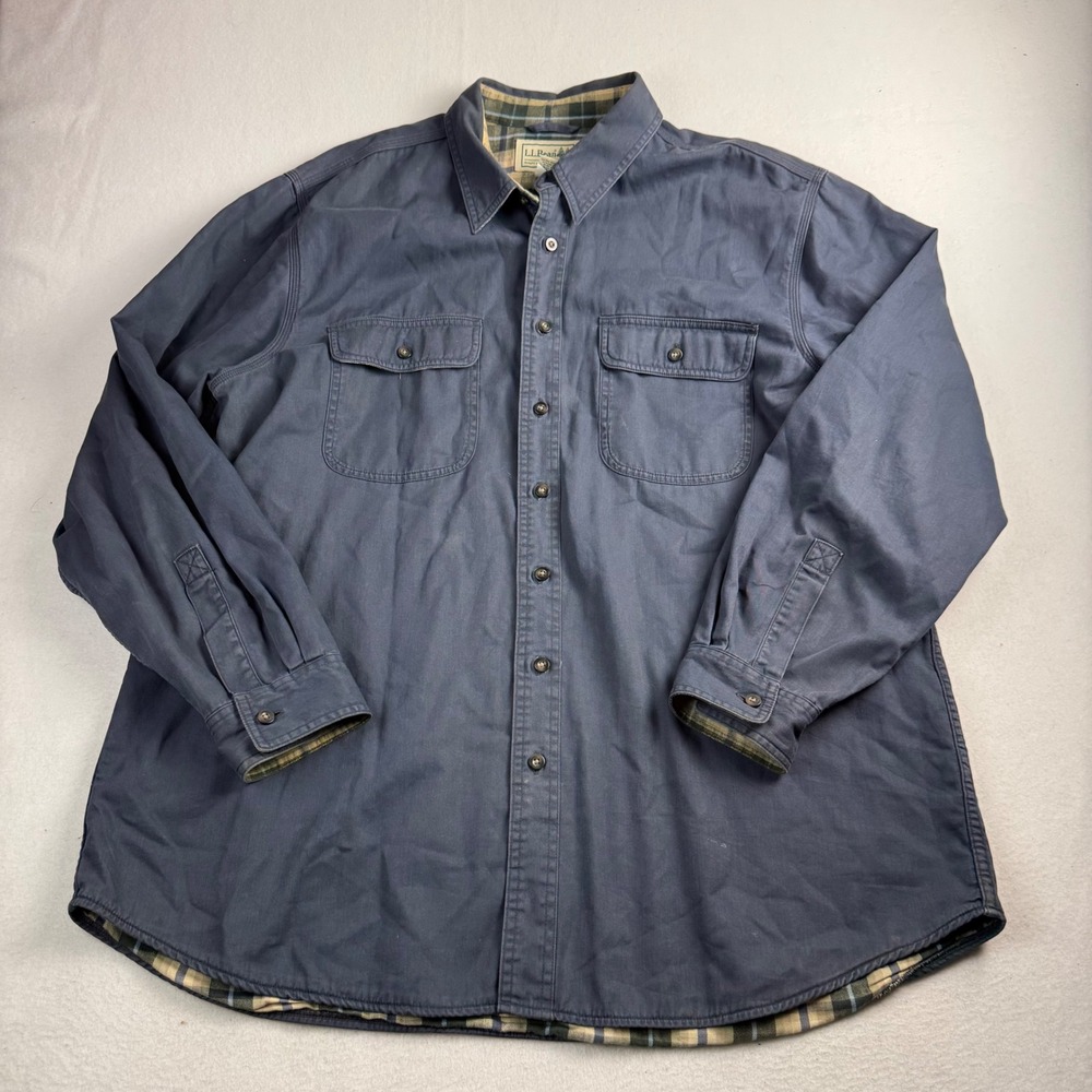 LL Bean Mens XL Flannel Lined Shirt Jacket Navy Blue Cotton Plaid Shacket XL-REG